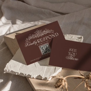 Antik Schokoladenbraun Old Money QR-Code Hochzeit RSVP Karte