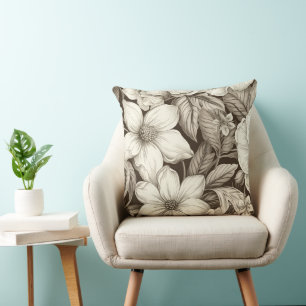 Antik-Style Sepia-Blumenmuster mit feiner Linienfü Kissen