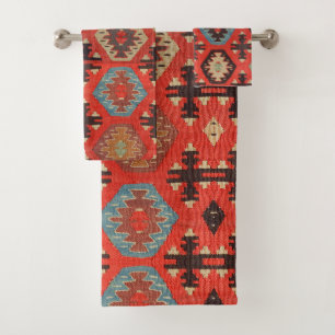 Antik Vintage verbranntes Rot Kilim Türkisch Badhandtuch Set