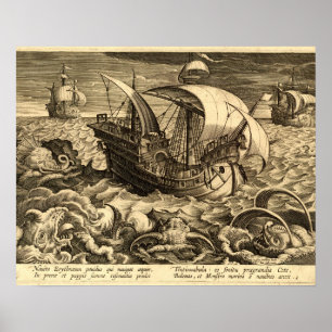 Antike 1590 Schiffe und Meeresmonster Poster