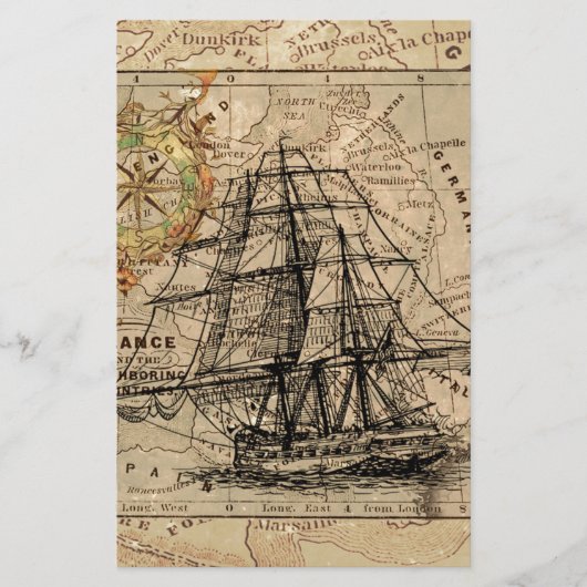 Antike Alte Frankreich Karte & Schiff (Vorderseite)