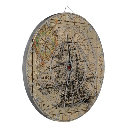 Antike Alte Frankreich Karte & Schiff Dartscheibe (Vorderseite Links)