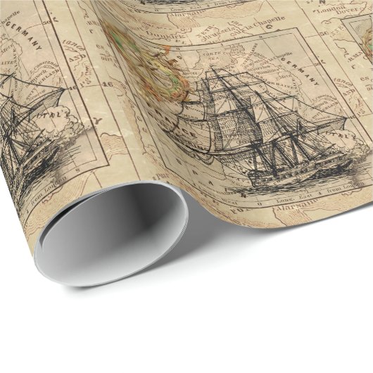 Antike Alte Frankreich Karte & Schiff Geschenkpapier (Rolleneckpunkt)