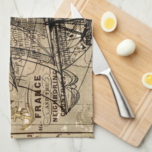 Antike Alte Frankreich Karte & Schiff Handtuch (Viertel Falte)