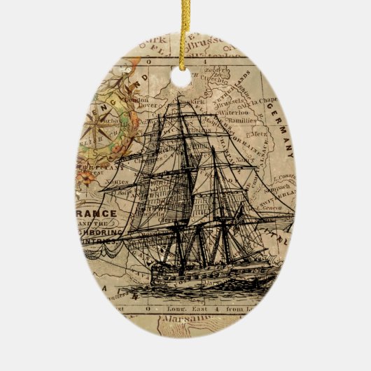 Antike Alte Frankreich Karte & Schiff Keramik Ornament (Vorne)