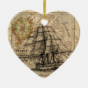 Antike Alte Frankreich Karte & Schiff Keramikornament