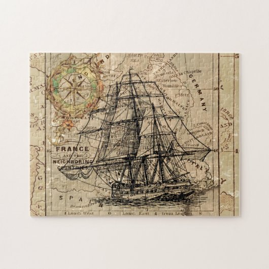 Antike Alte Frankreich Karte & Schiff Puzzle (Horizontal)