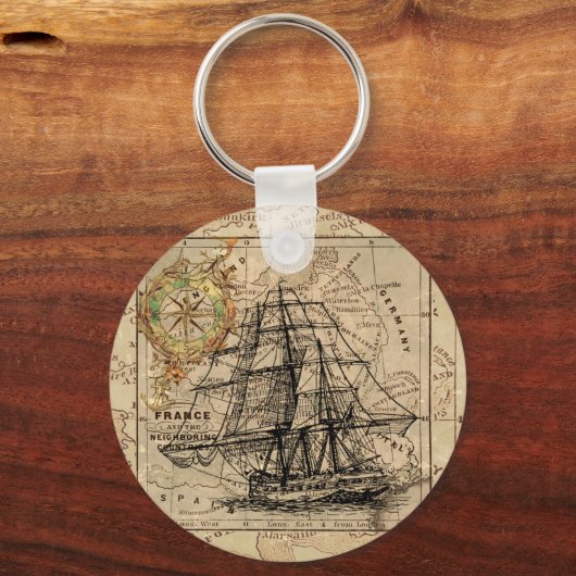 Antike Alte Frankreich Karte & Schiff Schlüsselanhänger (Vorderseite)