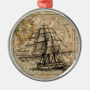 Antike Alte Frankreich Karte & Schiff Silbernes Ornament