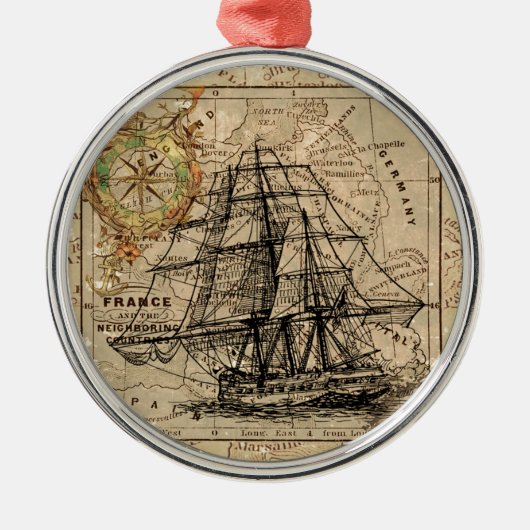 Antike Alte Frankreich Karte & Schiff Silbernes Ornament (Vorne)