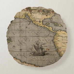 Antike Alte Karte Inspiriert (14) Gepäckanhänger Rundes Kissen