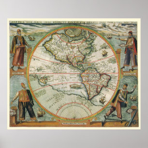 Antike alte Weltkarte der Amerikas, 1597 Poster