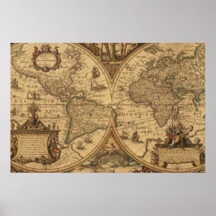 Antike alte Weltkarte Sepia Kunst Reise Poster