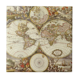 Antike alte Weltkarte von Frederick de Wit, ca. 16 Fliese