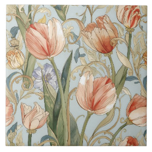 Antike Aquarell-Tulpenblumen, Pfirsich, Blau Fliese