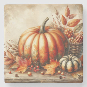 Antike Aquarellmalerei von Kürbissen und Herbstlau Steinuntersetzer