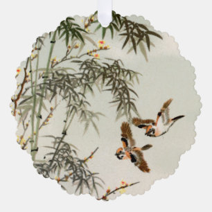 Antike asiatische Vögel im Bambusgarten Sperlinge Ornament Karte
