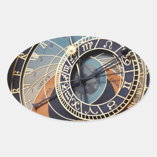 Antike Astrologie Zeit Stück Tschechische Uhr. Ovaler Aufkleber (Vorderseite)