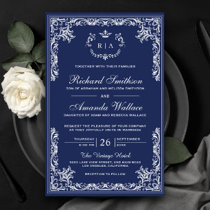 Antike, aufwendige Navy-Blau-Hochzeitseinladung zu