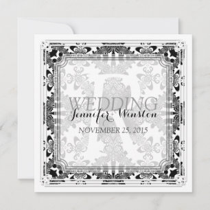 Antike B&W-Damask-Monogramm-Hochzeitskarten Einladung