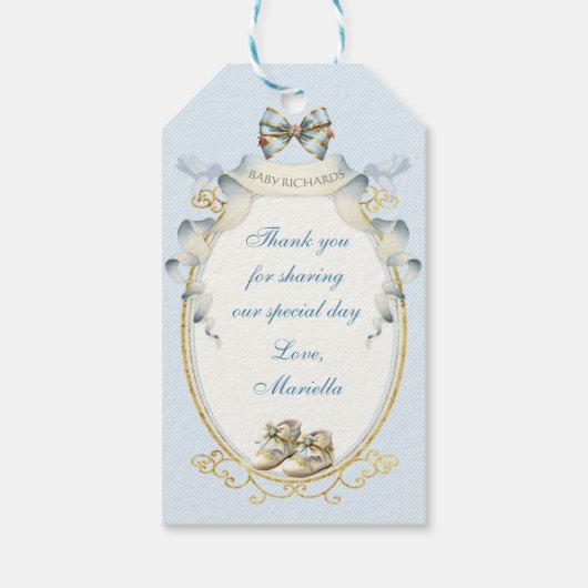 Antike Beförderung Blue Gold Rose Gingham Geschenkanhänger (Rückseite)