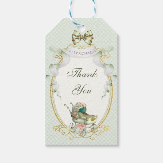 Antike Beförderung Green Gold Rose Gingham Geschenkanhänger (Vorderseite)