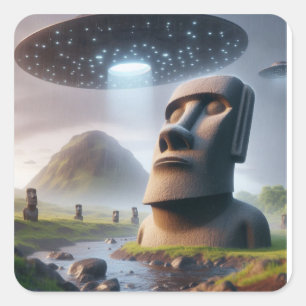 Antike Begegnung: Moai Statuen und UFOs Quadratischer Aufkleber
