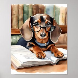 Antike Bibliotheks-Aquarell-Dachshund Poster
