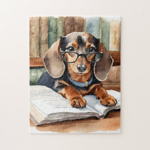 Antike Bibliotheks-Aquarell-Dachshund Puzzle