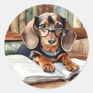 Antike Bibliotheks-Aquarell-Dachshund Runder Aufkleber