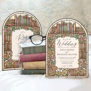 Antike Bibliotheksbücher Buntglas-Bogen-Hochzeit Einladung