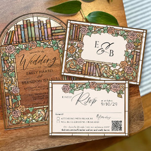 Antike Bibliotheksbücher Buntglas Hochzeit QR RSVP Karte