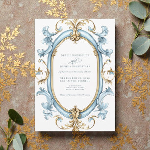 Antike Blau- und Goldrahmen-Hochzeitseinladung Einladung