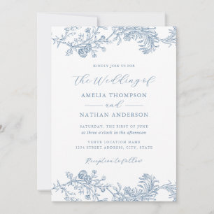 Antike Blaue Blumige Hochzeit Einladung