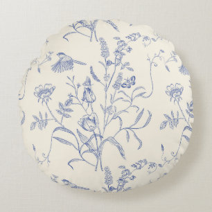 Antike Blaue Botanische Frühlings Rundes Kissen