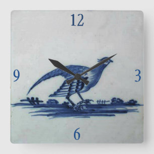 Antike blaue Delft-Fliese - Moorhuhn im Gras Quadratische Wanduhr