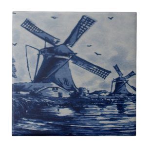 Antike blaue Delfter Kachel - Windmühlen am Wasser