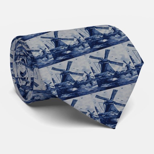 Antike blaue Fliese Delfts - Windmühlen durch das Krawatte (Gerollt)