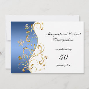 Antike Blaue Goldene Wirbel 50. Hochzeitstag Einladung