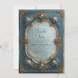 Antike blaue Hochzeit mit floralen Motiven Einladung
