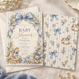 Antike Blaue Schleife Schaukelpferd Baby Shower Einladung