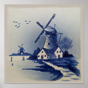 Antike Blaue Weiße Delft Windmühle Poster