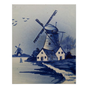 Antike Blaue Weiße Delft-Windmühle Poster