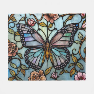 antike Bleiglas-Kunst in Blau mit Schmetterling Fleecedecke