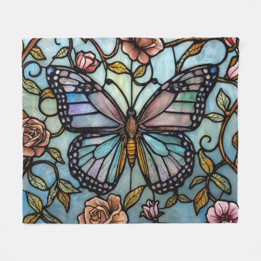 antike Bleiglas-Kunst in Blau mit Schmetterling Fleecedecke (Vorderseite (Horizontal))