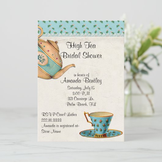 Antike Blick-Brautparty-Tee-Party Einladung (Stehend Vorderseite)