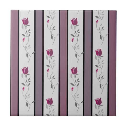 Antike Blumen gestreift in Schwarz und Rosa Fliese (Vorderseite)