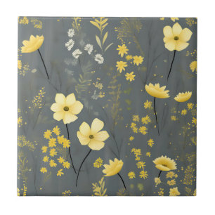 Antike Blumen Grau und Gelb Fliese