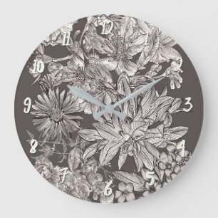 Antike Blumen Moderne Elfenbein- und Grau Botanisc Große Wanduhr