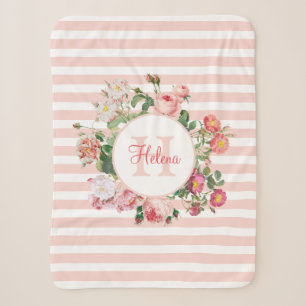 Antike Blumen Rosa Streifen Monogramm Sherpadecke